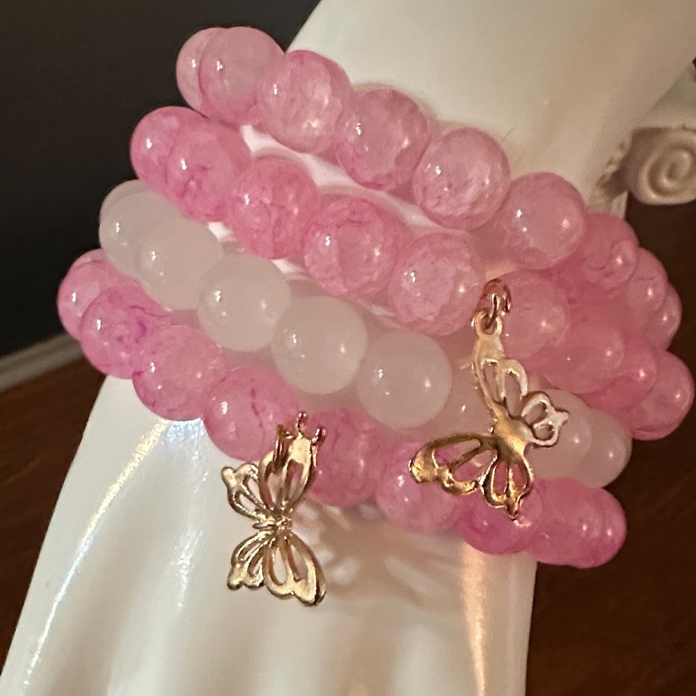 Set of Pink and White Beaded Bracelet Set with Butterfly Charms  NWOT